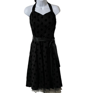 Hearts & Roses Black Flock Polka Dot Halter Dress Size 14